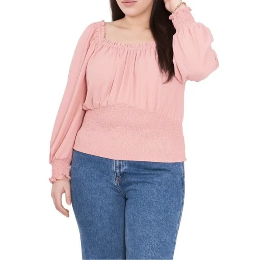 NWT 1. State Smocked Crepe Square Neck Puff Sleeve Blouse in Blush Pink